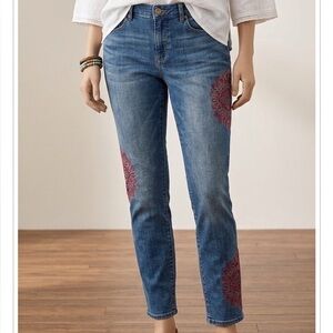 CHICO’S Women’s Blue Denim Jeans with Pink Floral Embroidery. Size 8